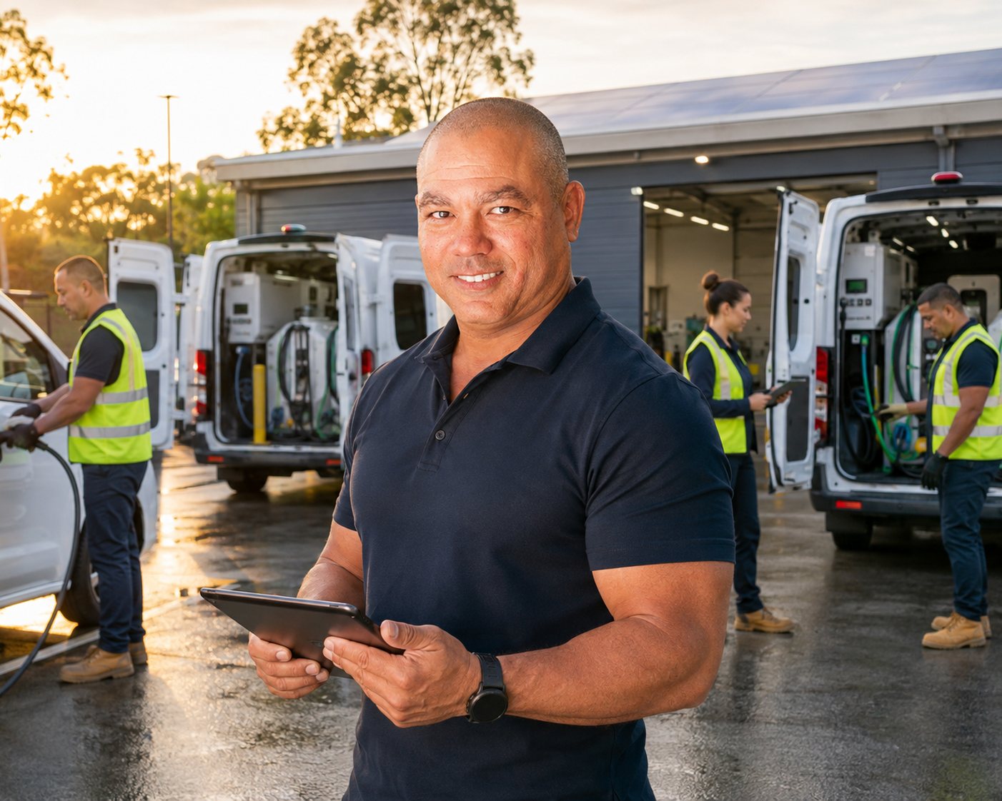 Fleet of mobile EV charging vans loaded with portable chargers at a service depot at sunrise Fleet of mobile EV charging vans loaded with portable chargers at a service depot at sunrise