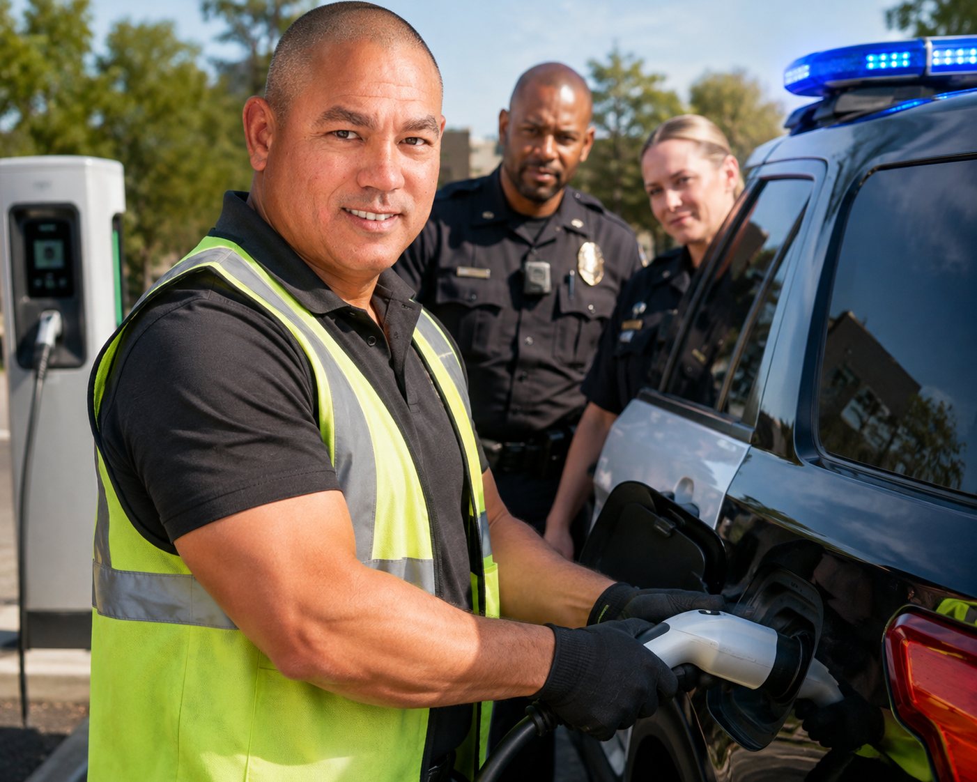 Technician plugging a charging connector into a police electric patrol SUV while two officers look on Technician plugging a charging connector into a police electric patrol SUV while two officers look on
