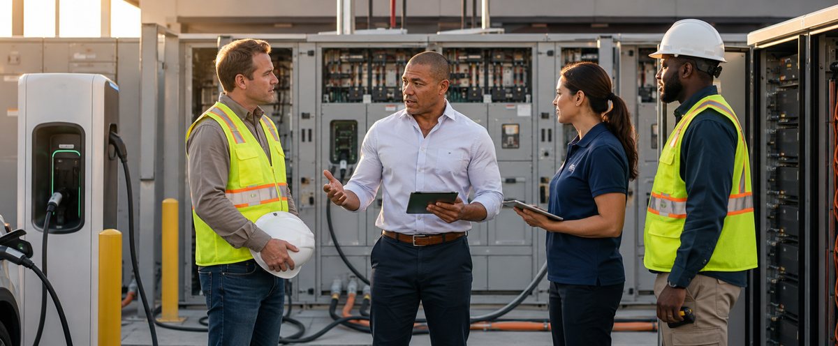 Engineers reviewing electrical switchgear and battery cabinets during commissioning of an EV charging installation Engineers reviewing electrical switchgear and battery cabinets during commissioning of an EV charging installation