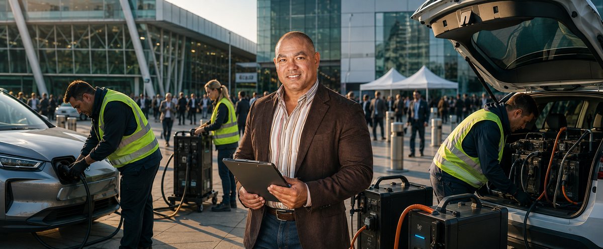 Portable battery charging units powering electric cars outside a busy conference venue while attendants connect cables Portable battery charging units powering electric cars outside a busy conference venue while attendants connect cables
